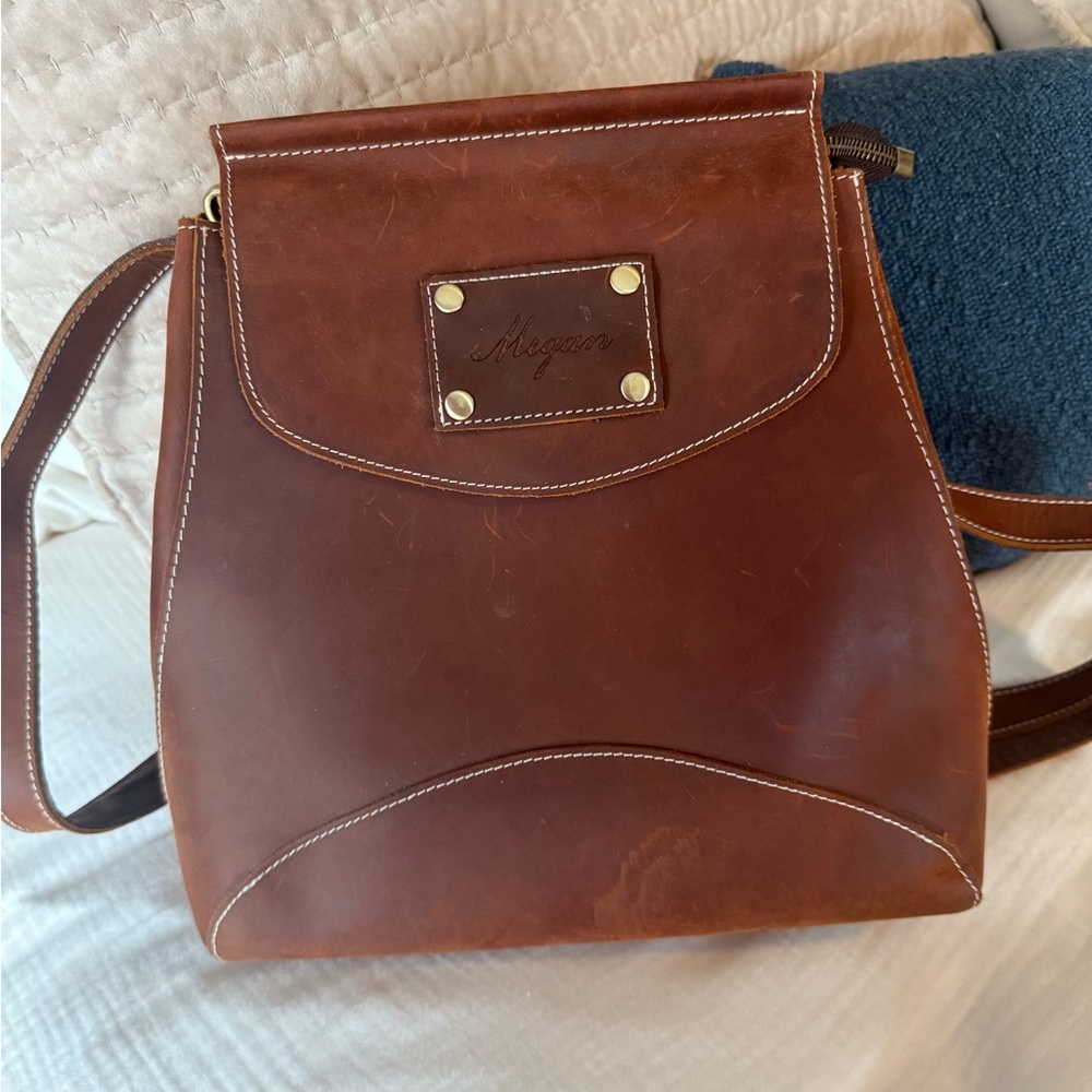 Chestnut Brown 100% Leather Messenger Backpack/Crossbody Bag with monogram Megan